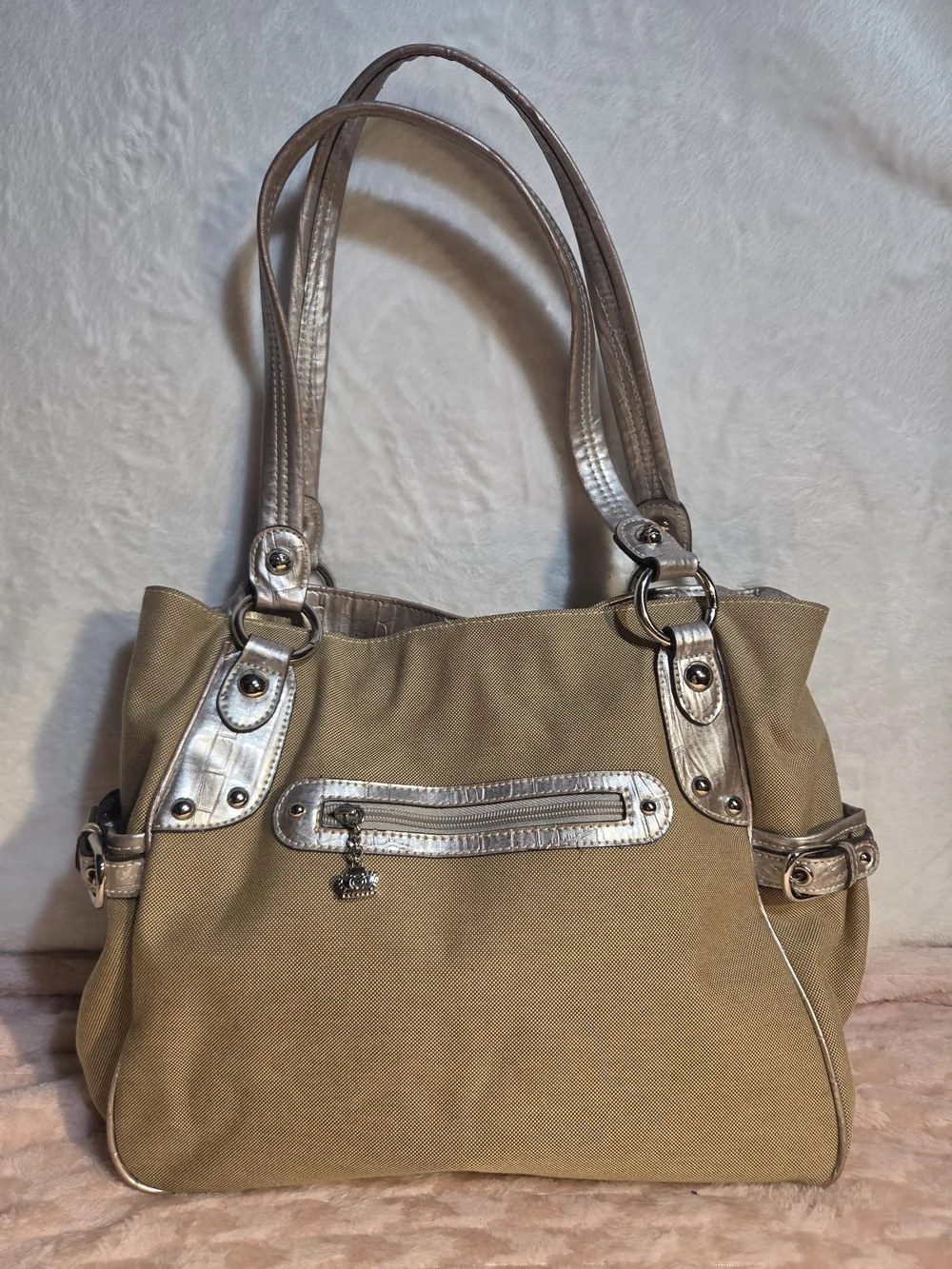 Canvas Tote Bag in Beige with Silver Accents